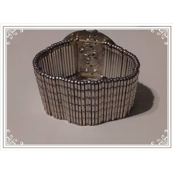 Pretty Silver & Rhinestone Medallion Art Deco Wide Stretch Bracelet - Picture 2 of 3
